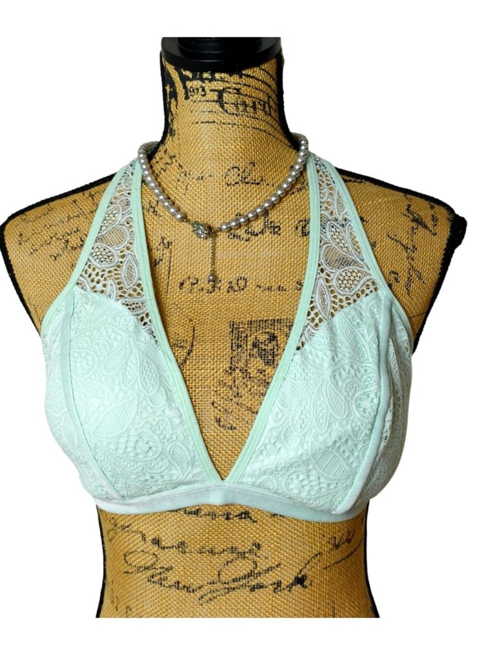 Flirtitude L Halter Lace Bralette Mint Green Padded Design Adjustable Wireless